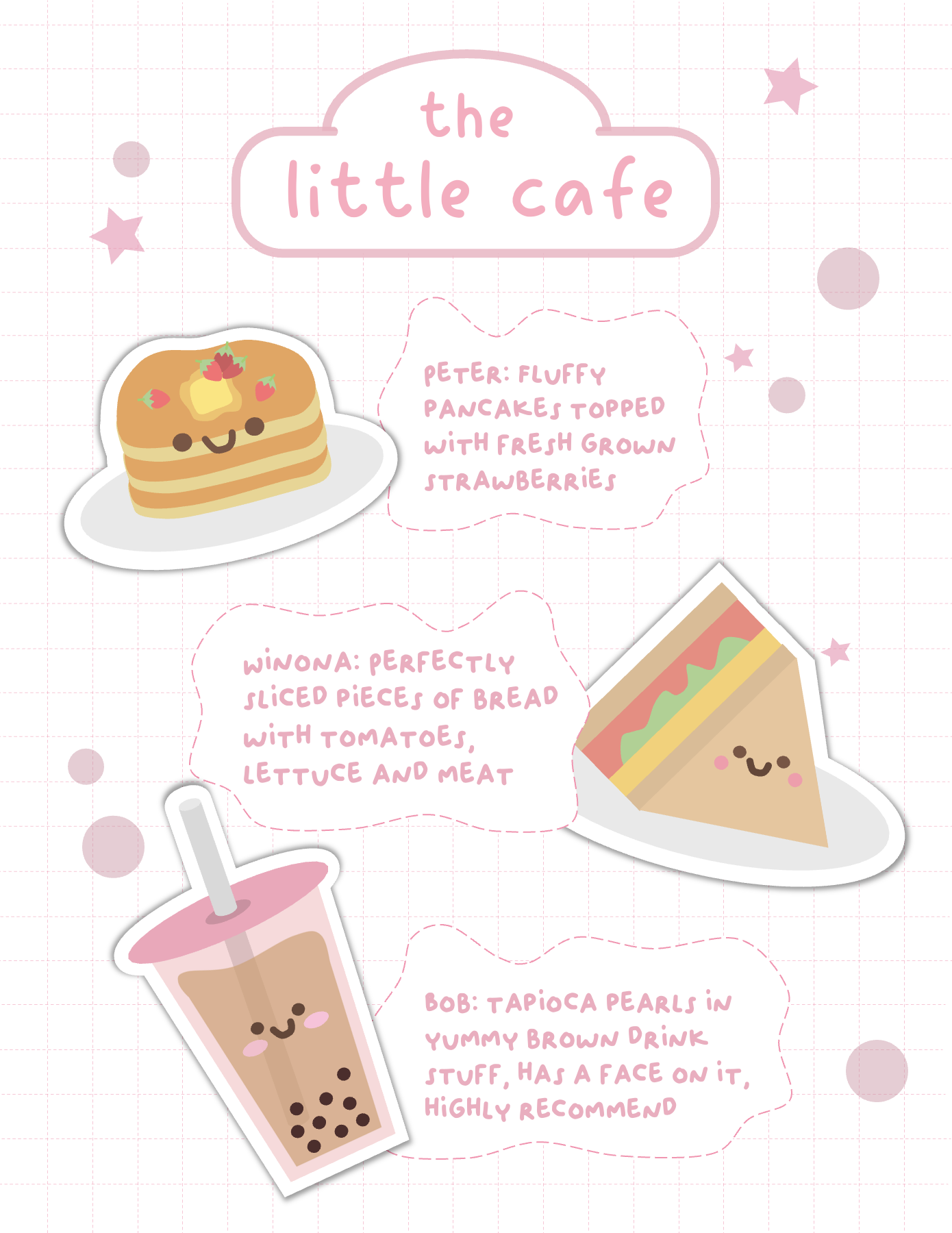 menu of pancakes, sandwiches, and boba with cute faces