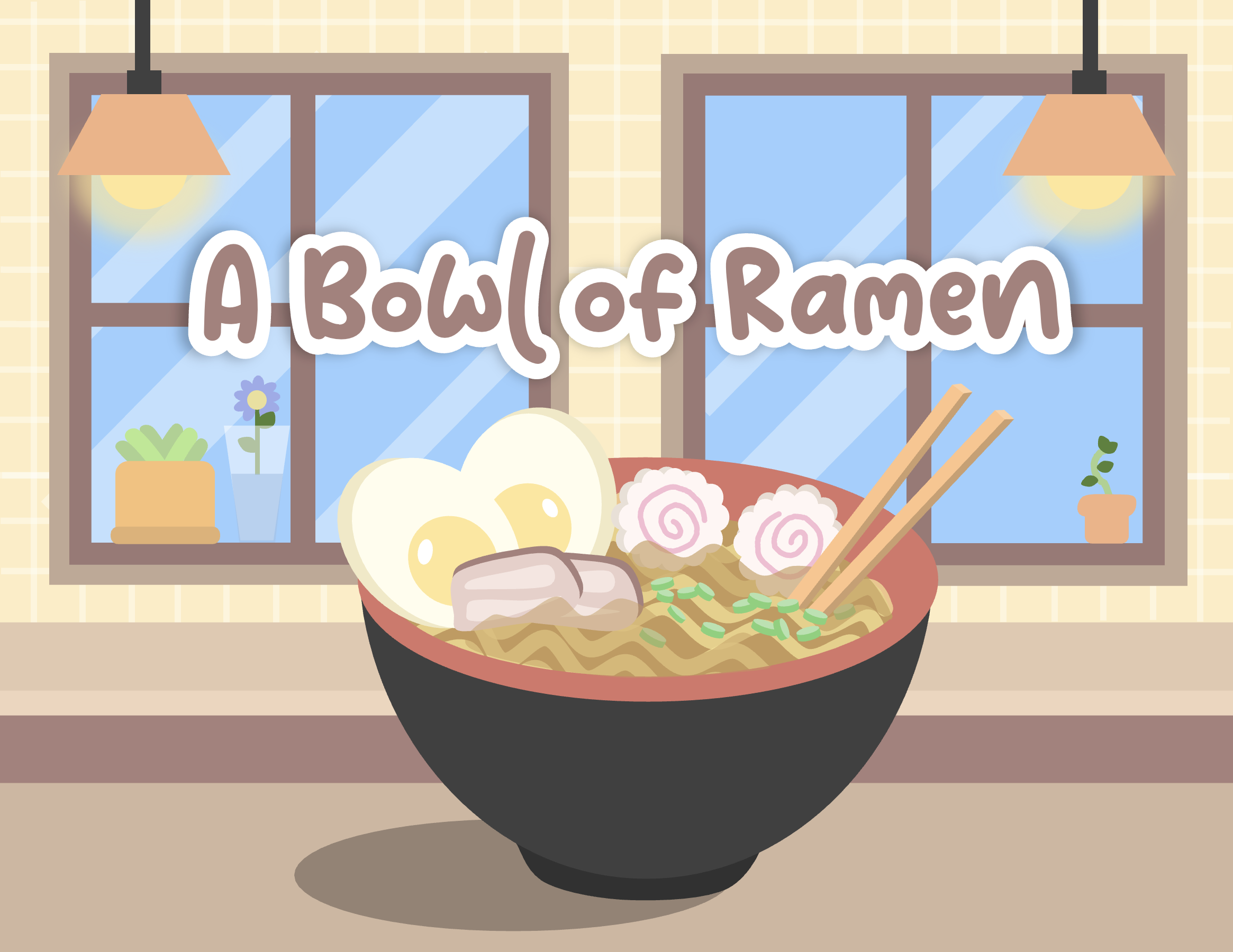 a bowl of ramen on top of a table with windows in the background