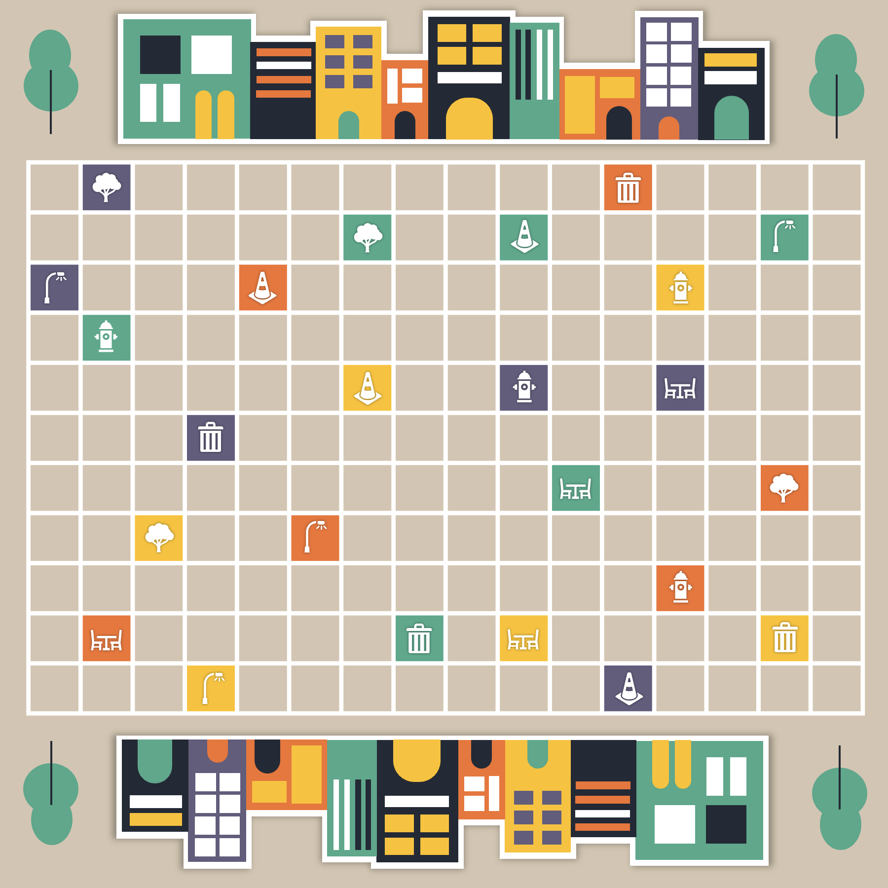 game board with city buildings and grid